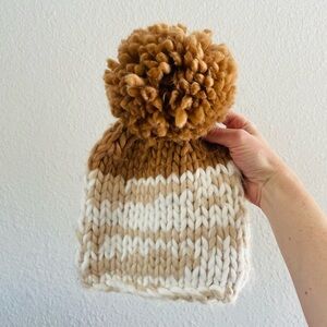 Free People Brown and White Knit Pom-Pom Hat